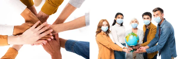 Collage Multiethnic People Holding Hands Globe While Wearing Medical Masks — 图库照片