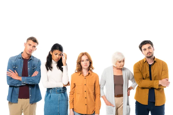 Upset Worried Multicultural Friends Looking Camera Isolated White — Stock Photo, Image