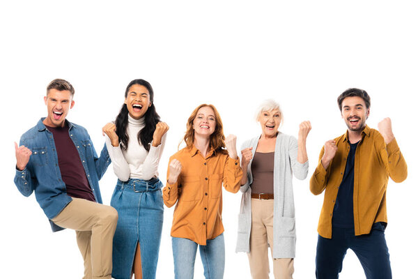 Возбужденные мультикультурные люди показывают да жест изолирован на белом