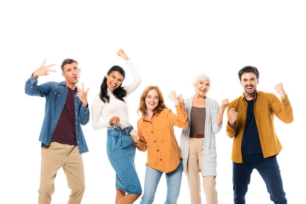 Positive multicultural friends gesturing isolated on white