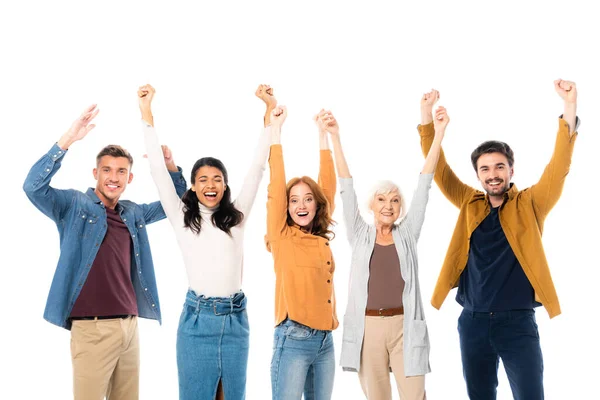 Sonrientes Personas Multiculturales Mirando Cámara Mientras Muestran Gesto Aislado Blanco — Foto de Stock