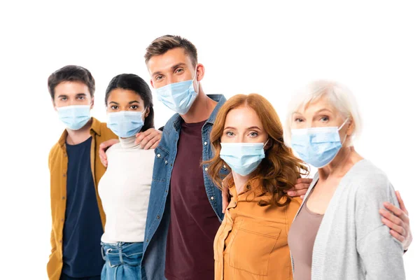 Multicultural Friends Medical Masks Hugging Isolated White — Stock Photo, Image