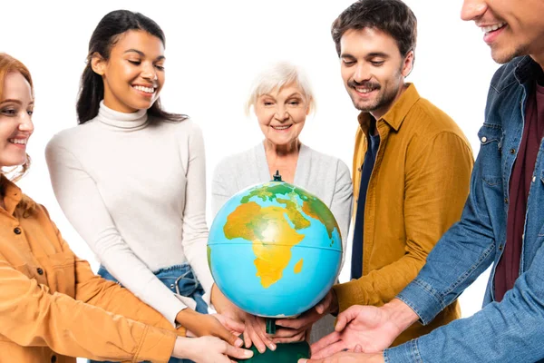 Smiling Multicultural People Holding Globe Isolated White — Stock Photo, Image