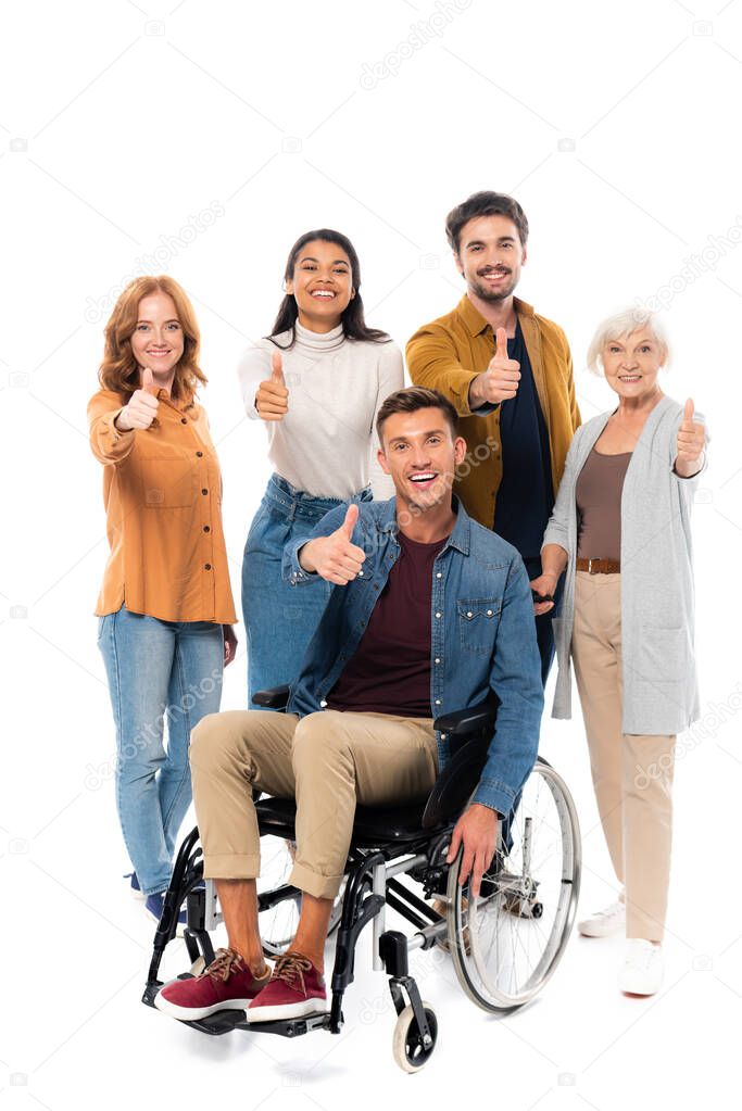 Man in wheelchair showing like near smiling multiethnic friends on white background 