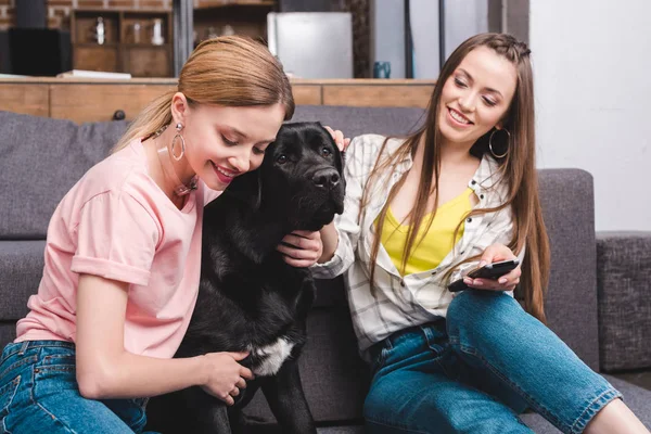 Smiling young woman with remote controller and her female friend embracing black labrador — Stock Photo