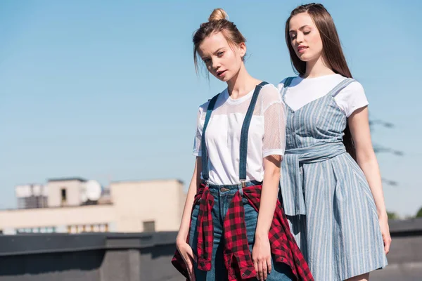 Two young female friends standing at rooftop — Stock Photo