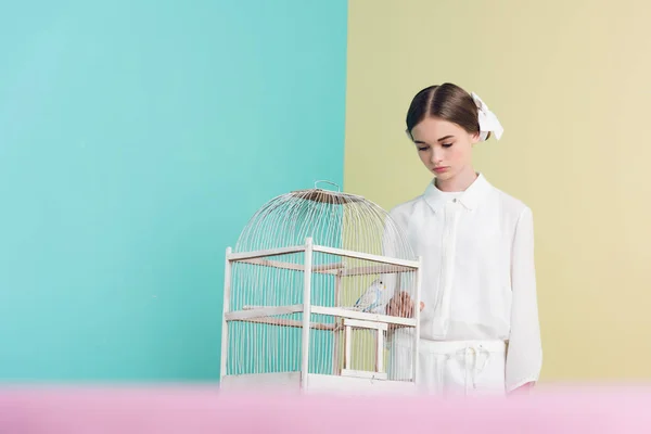 Jolie fille à la mode avec perroquet en cage blanche — Photo de stock