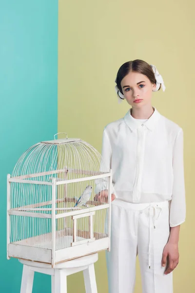 Fashionable attractive girl in white outfit with parrot in cage, on turquoise and yellow — Stock Photo