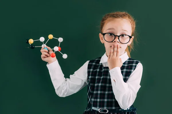 Sorprendido pequeño escolar sosteniendo modelo molecular y mirando a la cámara mientras estaba de pie cerca de pizarra - foto de stock