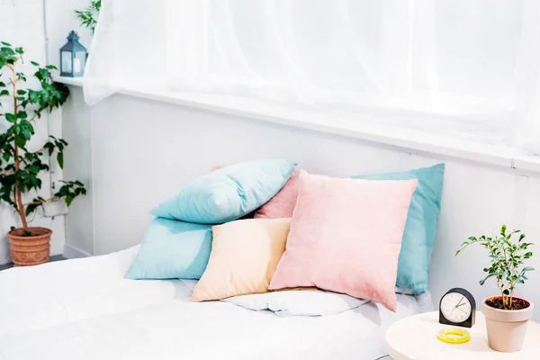 Comfy bed with lot of pillows in modern light room with alarm clock and plant of bedside table — Stock Photo