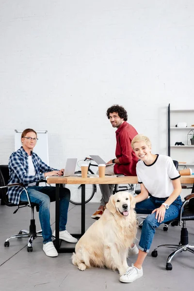 Young start up team and dog looking at camera while working in office — Stock Photo