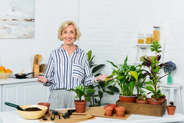 Belle femme âgée heureuse souriant à la caméra tout en cultivant des plantes en pot à la maison — Photo de stock