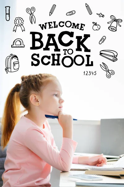 Side view of thoughtful schoolgirl holding pen and looking away while studying at home, icons and 