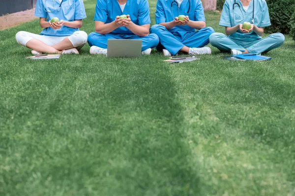 Обрезанное изображение студентов-медиков, сидящих на зеленой траве и держащих яблоки — стоковое фото