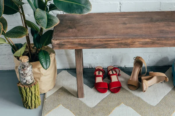 Разные туфли под деревянной скамейкой в коридоре дома, фикус в горшке на полу — стоковое фото