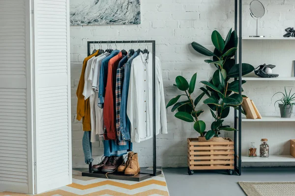 Different shirts on hangers, shoes on shelf in living room — Stock Photo