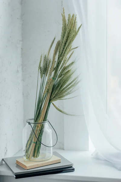 Пучок сушеної пшениці в скляній банці на блокнотах в офісі — стокове фото