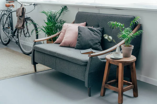 Canapé gris avec oreillers, vélo près du mur dans le salon — Photo de stock