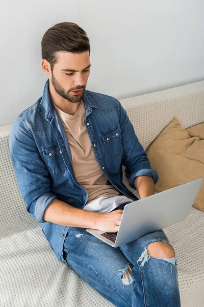 Vista de ángulo alto del freelancer masculino enfocado que trabaja con el ordenador portátil en el sofá en casa - foto de stock