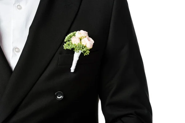 Cropped shot of groom in stylish black suit with boutonniere isolated on white — Stock Photo