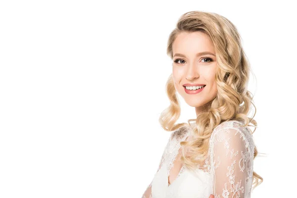 Close-up portrait of happy young bride looking at camera isolated on white — Stock Photo