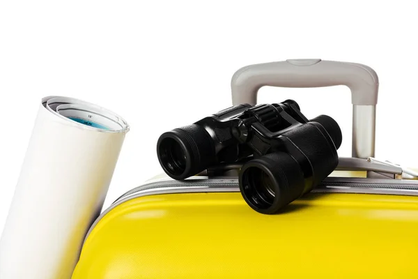 Close up view of yellow suitcase, map and binoculars isolated on white — Stock Photo