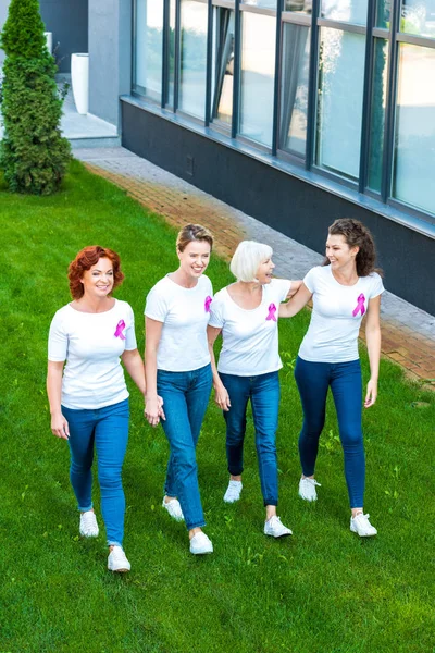 Mujeres sonrientes con cintas de conciencia de cáncer de mama caminando juntas en el césped verde - foto de stock