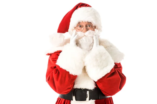 Santa claus looking at camera shouting through hands isolated on white — Stock Photo