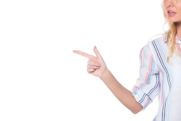 Mujer mostrando algo aislado en blanco - foto de stock