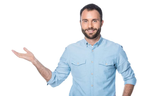 Homem apresentando algo isolado no branco — Fotografia de Stock