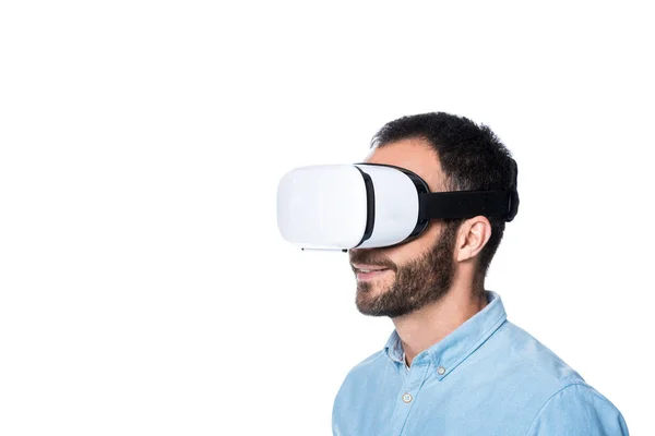 Bearded man using vr technology isolated on white — Stock Photo