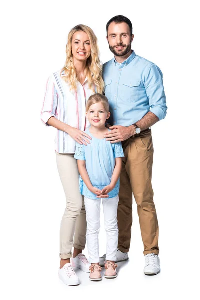 Front view of happy parents with child isolated on white — Stock Photo