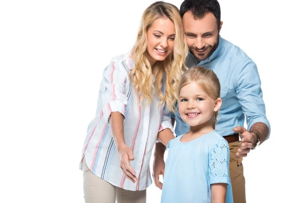 Glückliche Eltern mit Kind isoliert auf weiß — Stockfoto