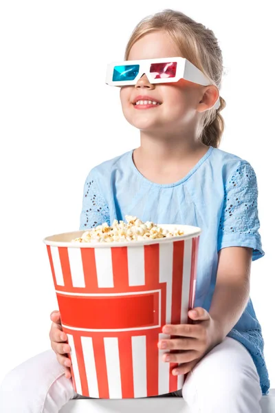 Kid with 3d glasses and popcorn isolated on white — Stock Photo