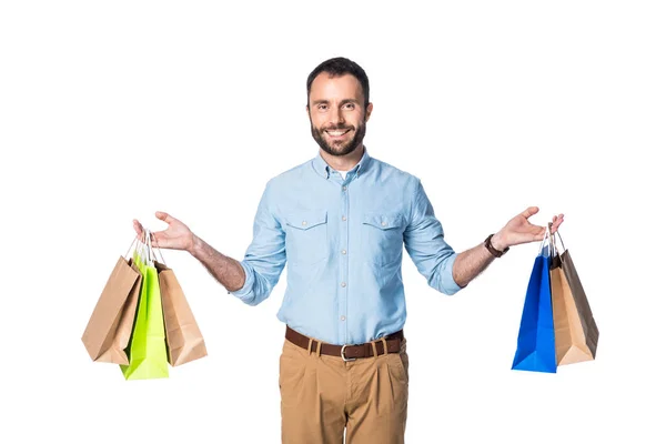 Homem com sacos de compras isolados em branco — Fotografia de Stock