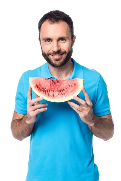 Hombre barbudo con sandía aislada en blanco - foto de stock