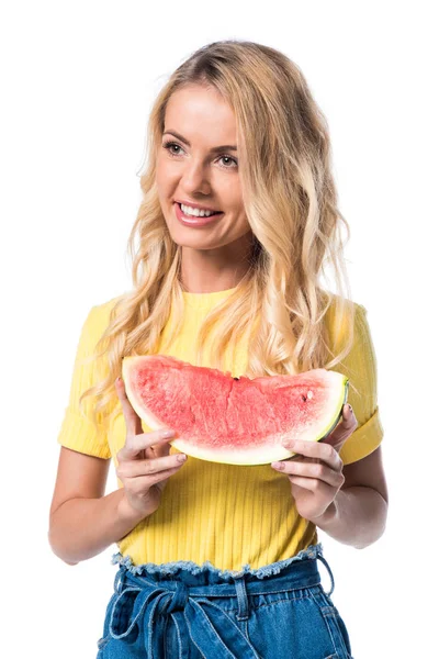 Smiling woman with watermelon isolated on white — Stock Photo