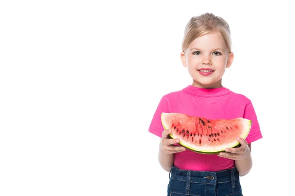 Niño con sandía fresca aislada en blanco - foto de stock