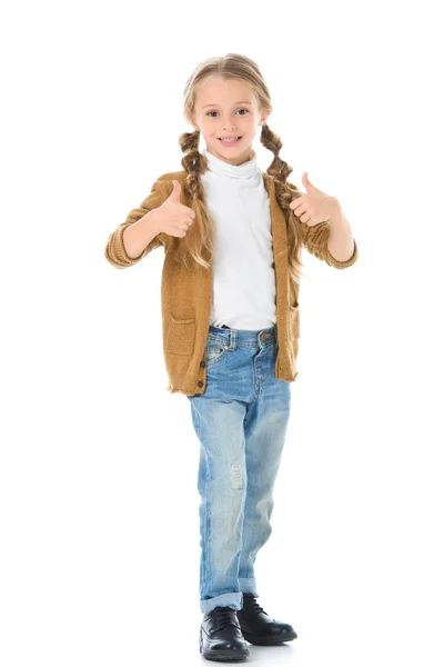 Criança em roupa de outono mostrando polegares para cima, isolado em branco — Fotografia de Stock