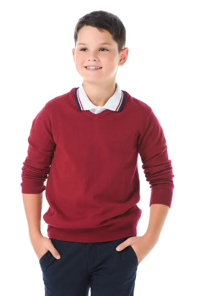 Entzückender lächelnder Junge posiert isoliert auf weißem Grund — Stockfoto