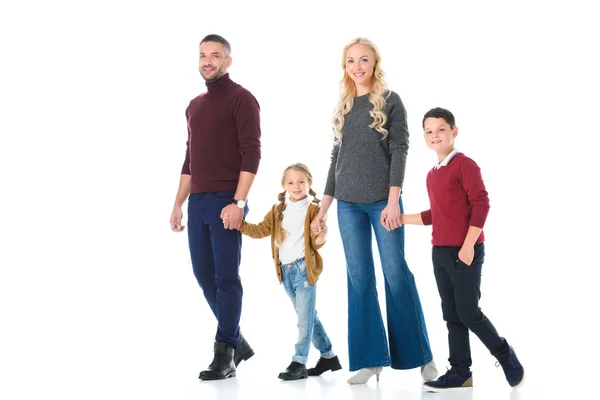 Glückliche Familie Händchen haltend mit Tochter und Sohn, isoliert auf weiß — Stockfoto