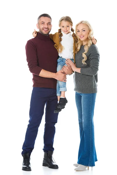 Familia feliz con hija, aislado en blanco - foto de stock