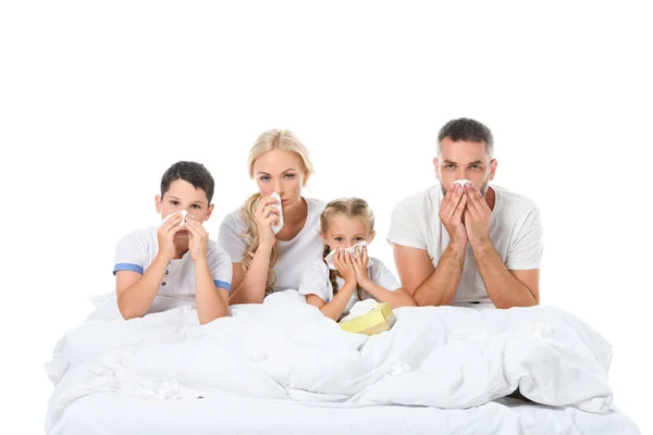 Famille malade avec nez qui coule tenant des serviettes tout en étant assis au lit, isolé sur blanc — Photo de stock