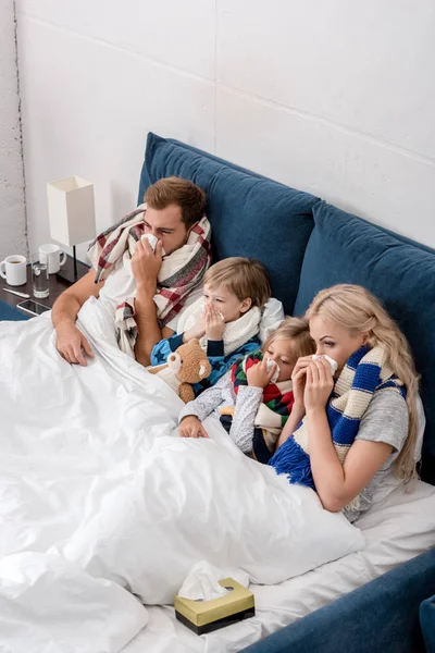 Vue grand angle de la jeune famille malade soufflant nez avec des serviettes ensemble tout en étant couché dans le lit — Photo de stock