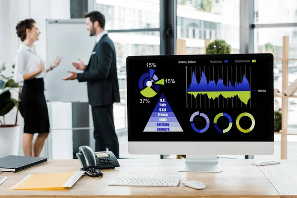 Selektive Fokussierung der Kollegen auf die Arbeit am Whiteboard und Computerbildschirm mit Grafik auf dem Tisch im Büro — Stockfoto