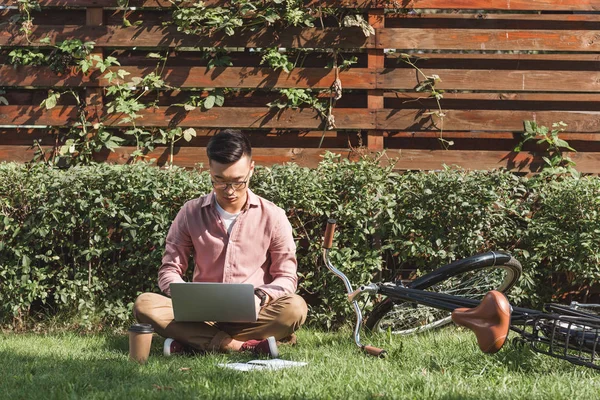 Focused asian freelancer working on laptop on green grass with coffee to go and notebook in park — Stock Photo