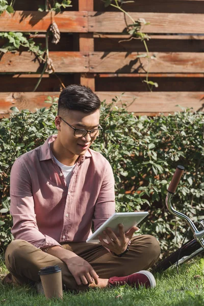 Азиатский человек в очках с помощью цифровой планшет на зеленой траве в парке — стоковое фото