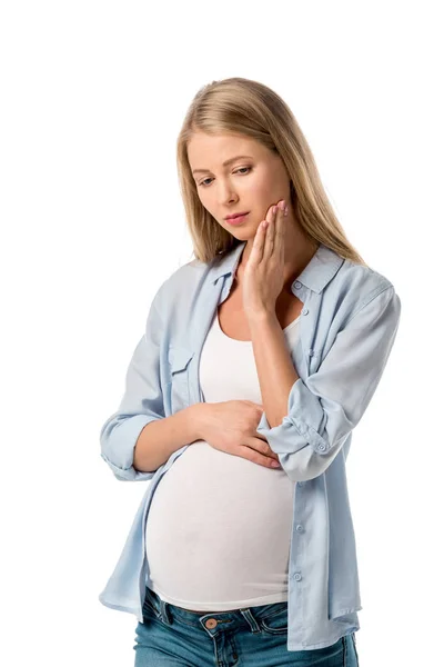 Pensativa mujer embarazada deprimida aislada en blanco - foto de stock