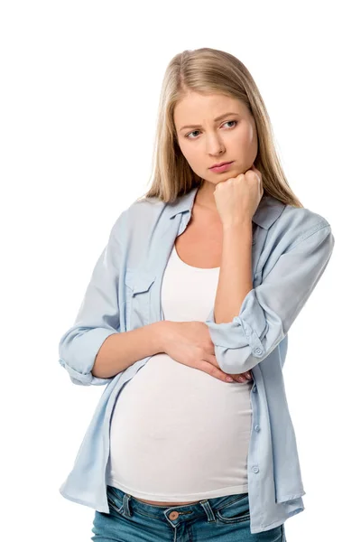 Premurosa donna incinta depressa guardando lontano isolato sul bianco — Foto stock