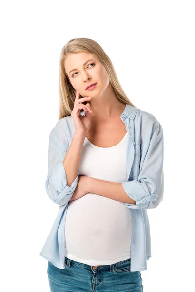 Красива вдумлива вагітна жінка ізольована на білому — стокове фото